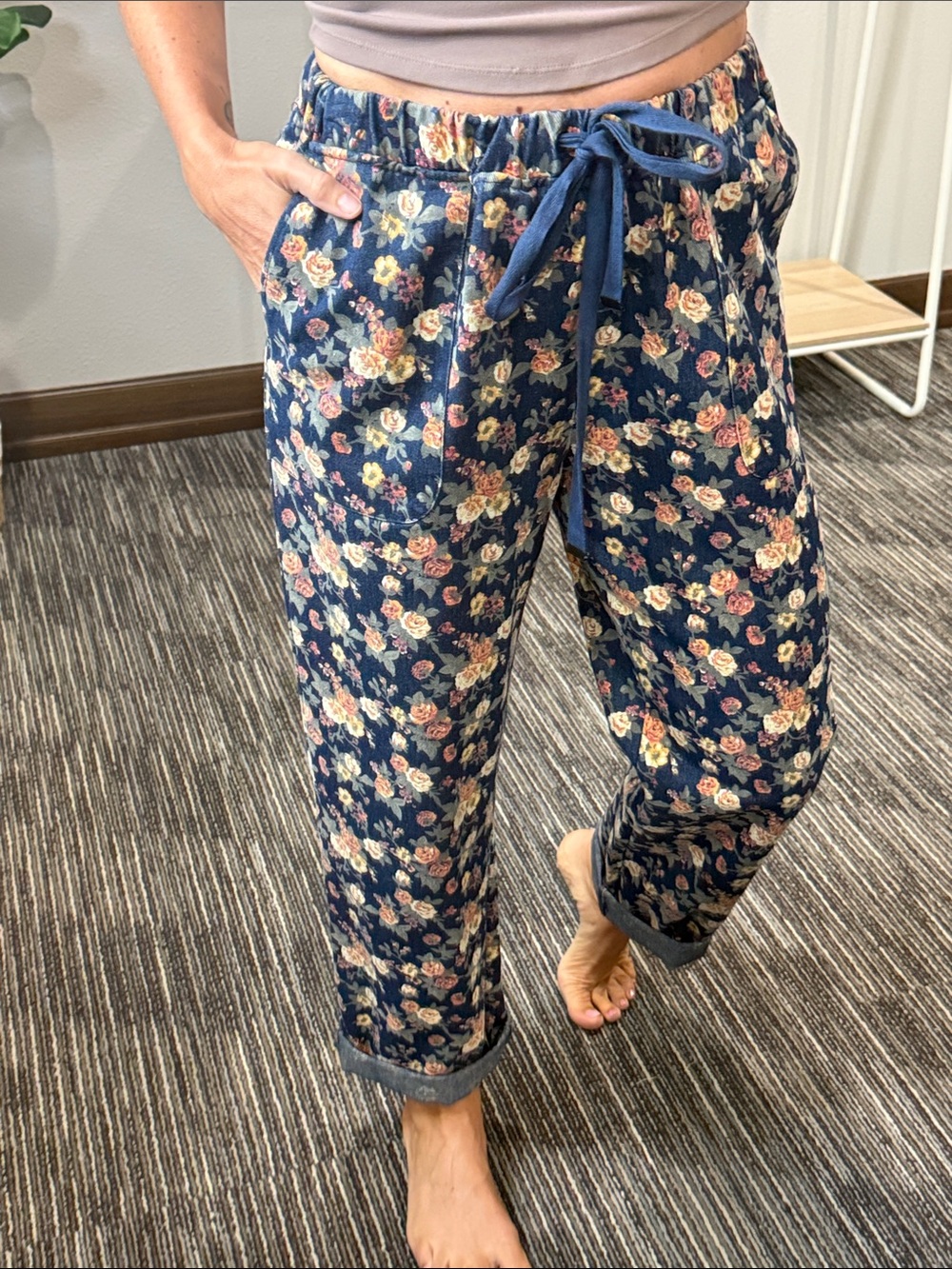 Floral Drawstring Denim Pants - Navy